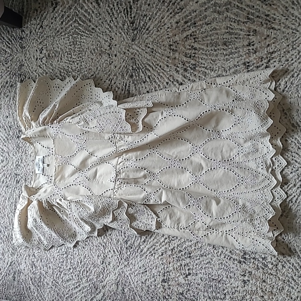 MUNTHE Hico Ruffle Sleeve Eyelet Embroidered Cream Shift Mini Dress Sz 36